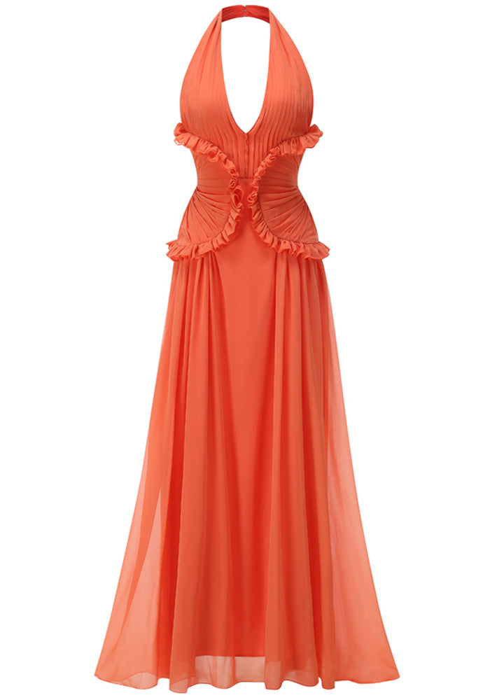Halter Ruffle Detail A Line Maxi Dress Orange