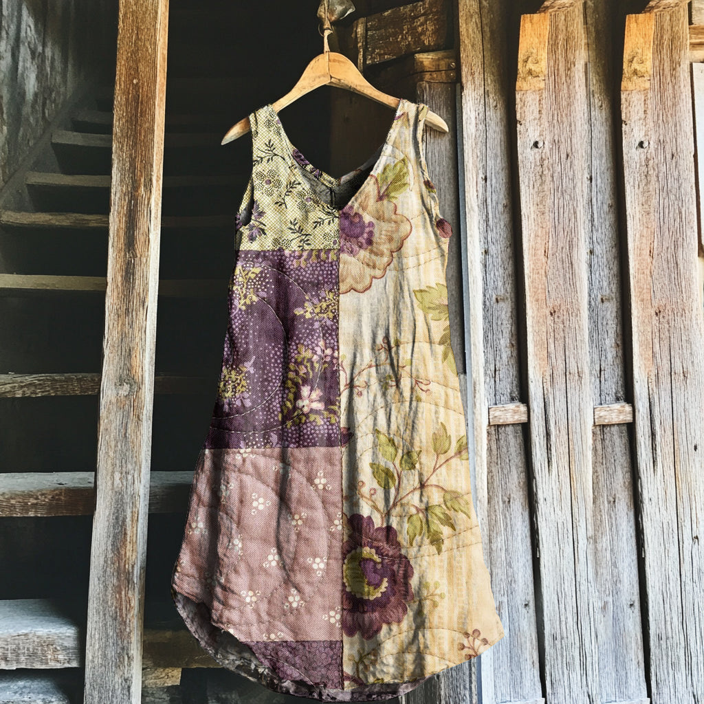 Vintage Purple Floral Patchwork Art Linen Tank Dress 19b2