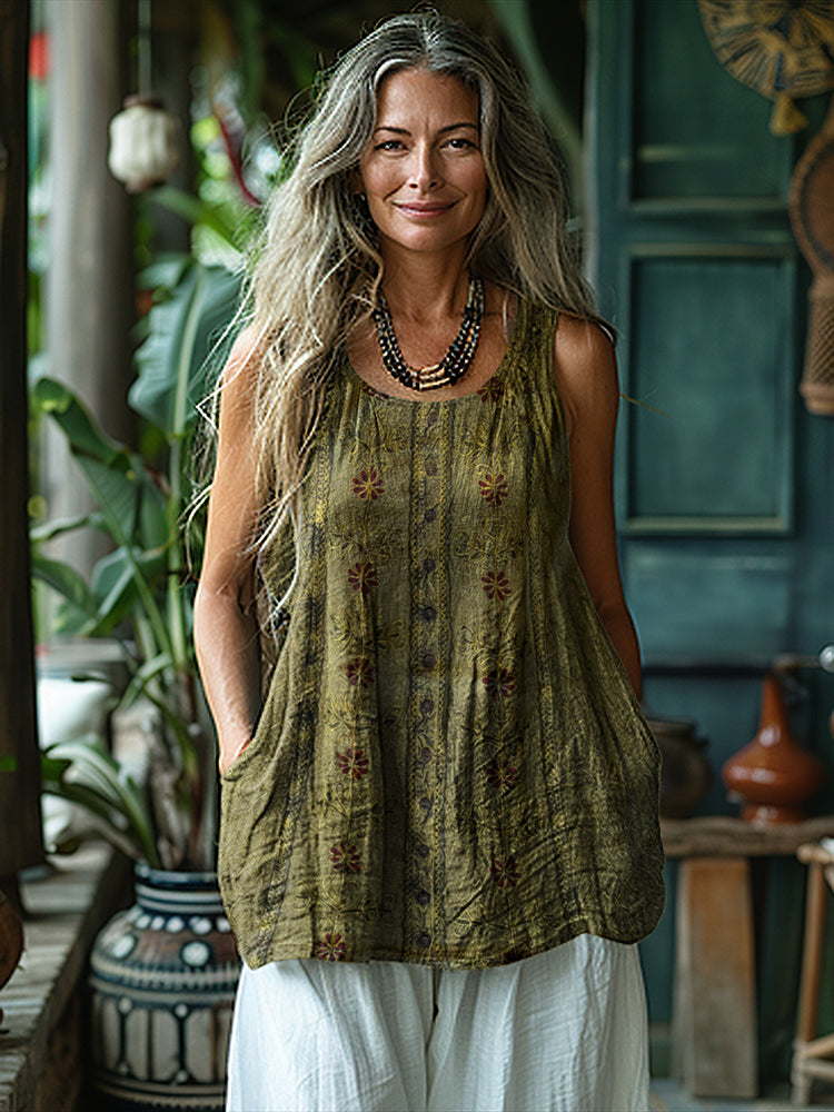 Vintage Tribal Pattern Art Sleeveless Linen Blend Tank Top