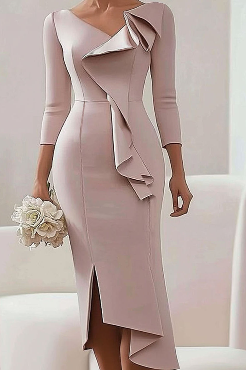Wedding Guest Dress Pink Ruffle V Neck Midi Dress Mother of the Bride Dress