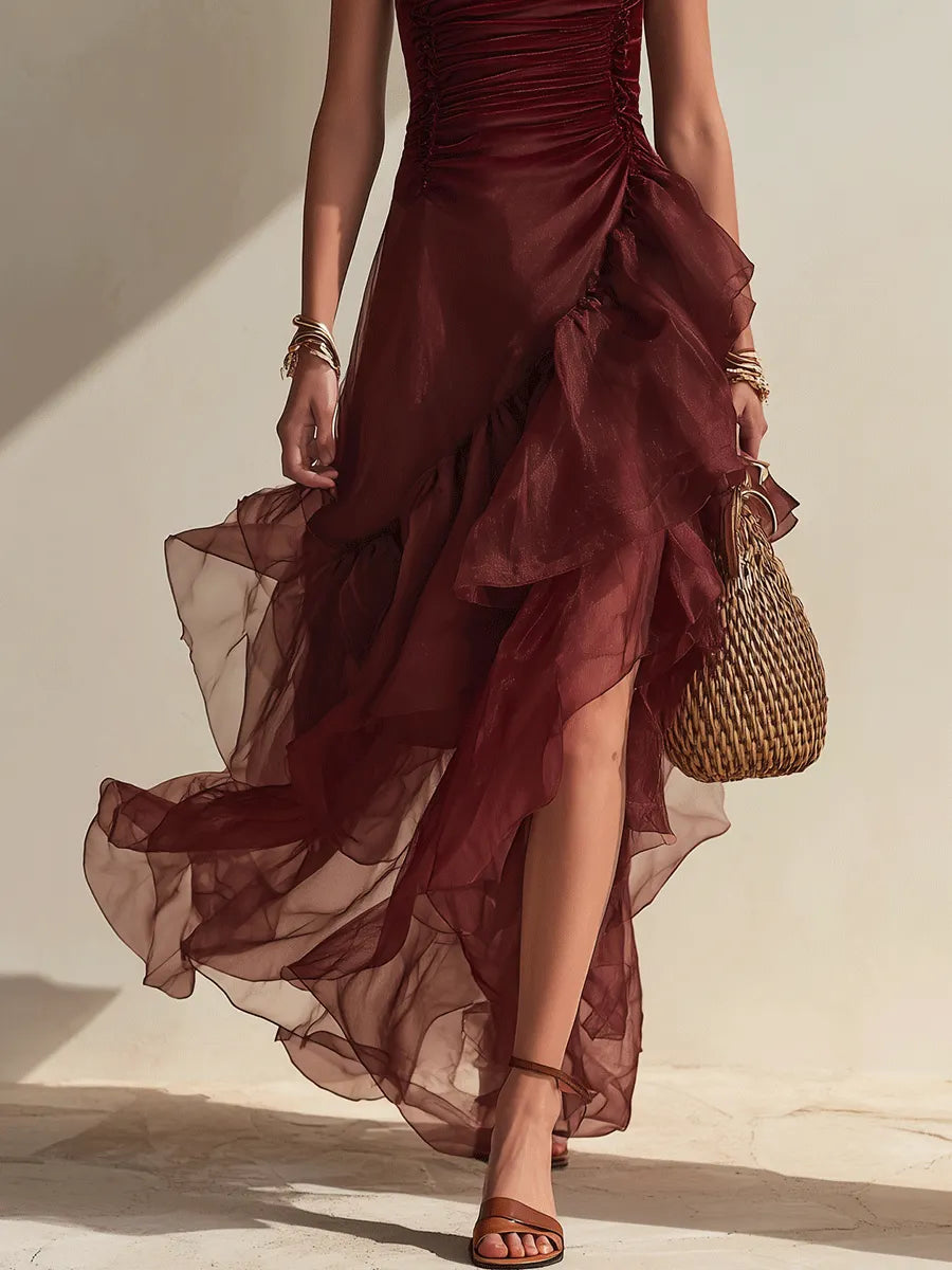 Effortless Coastal Elegance Wine Red Draped Tiered Hem Evening Maxi Dress