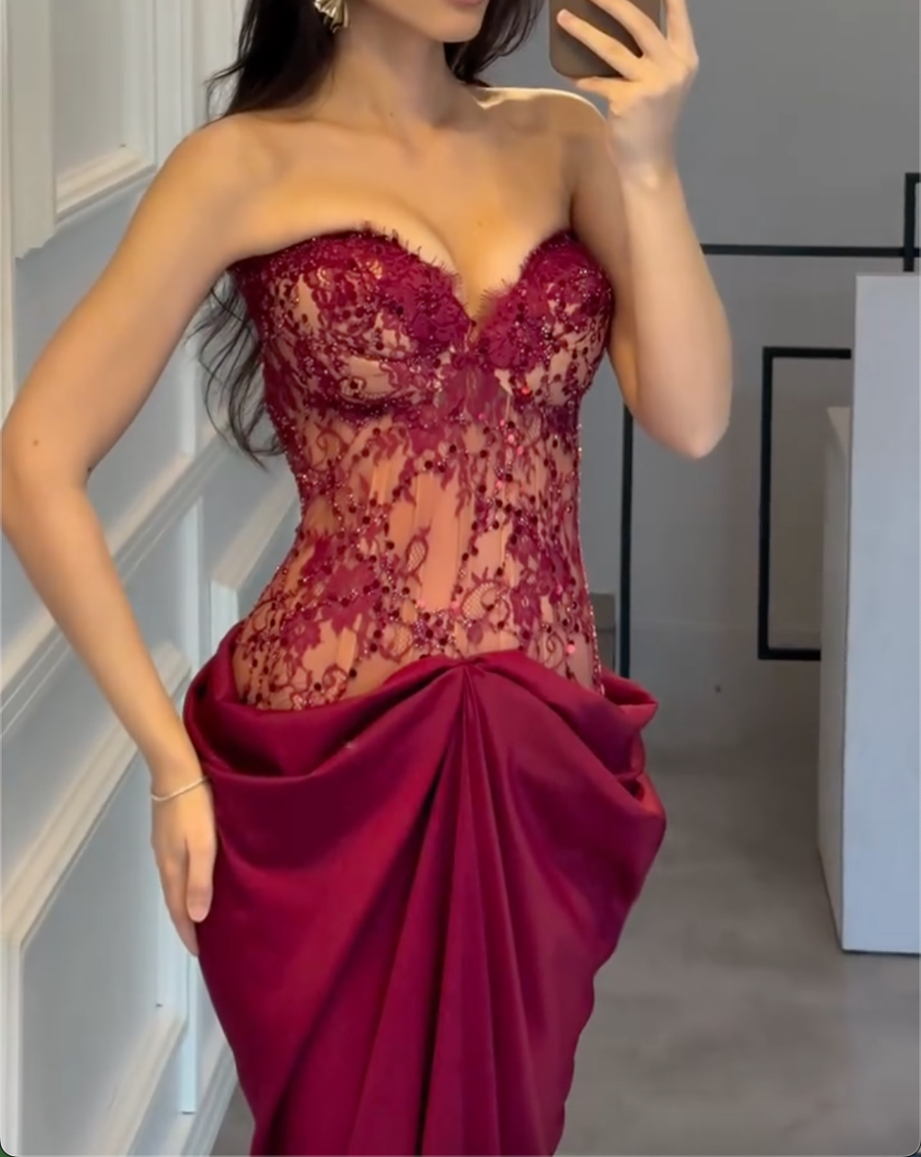 Burgundy Strapless Lace Beaded Draped Mermaid Maxi Evening Dress Formal Prom Gown