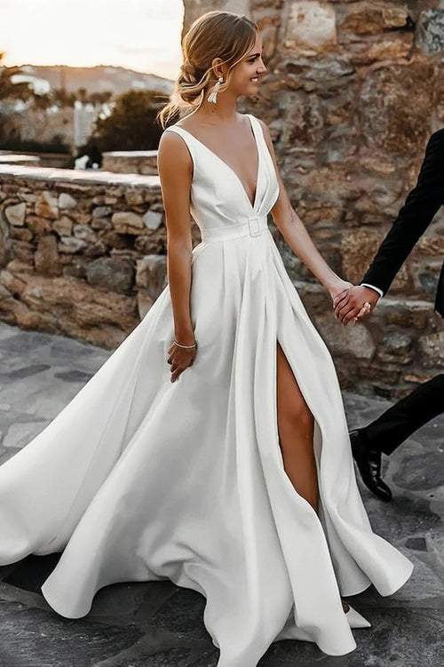A Line Belt V Neck Satin Wedding Dress With Slit
