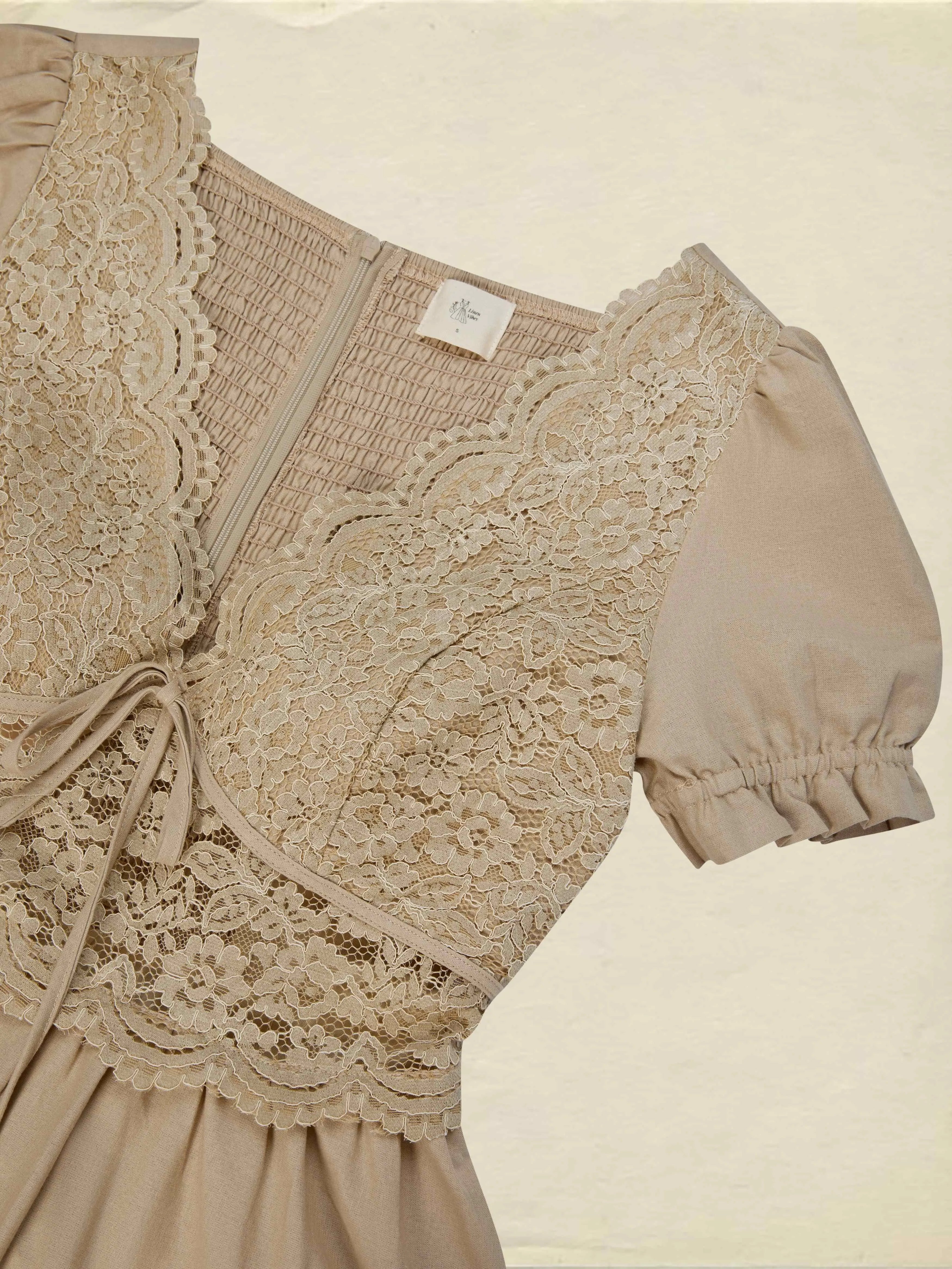Maxi Cotton Dress, Short Sleeves, V Neck, Plain, Lace, French Vintage, Brown