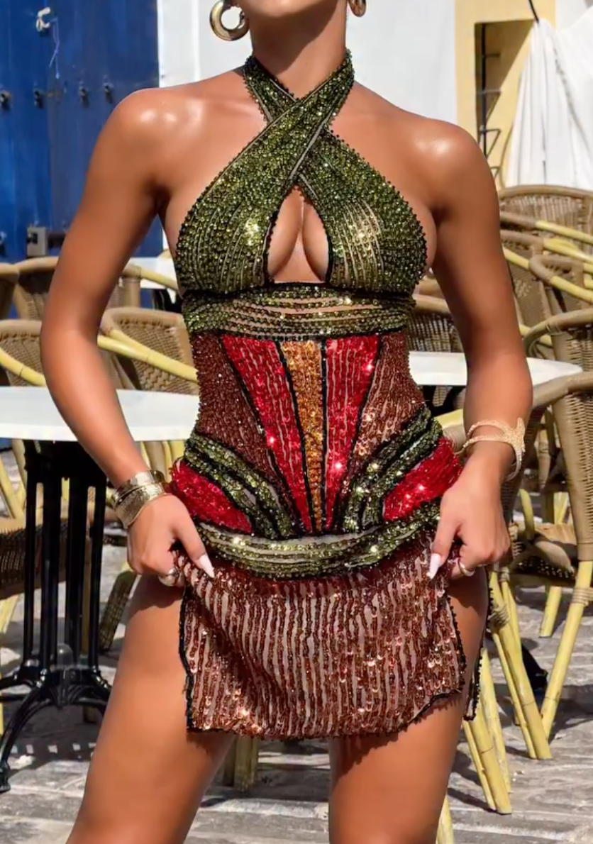 Olive Green & Red Sequin Halter Mini Dress