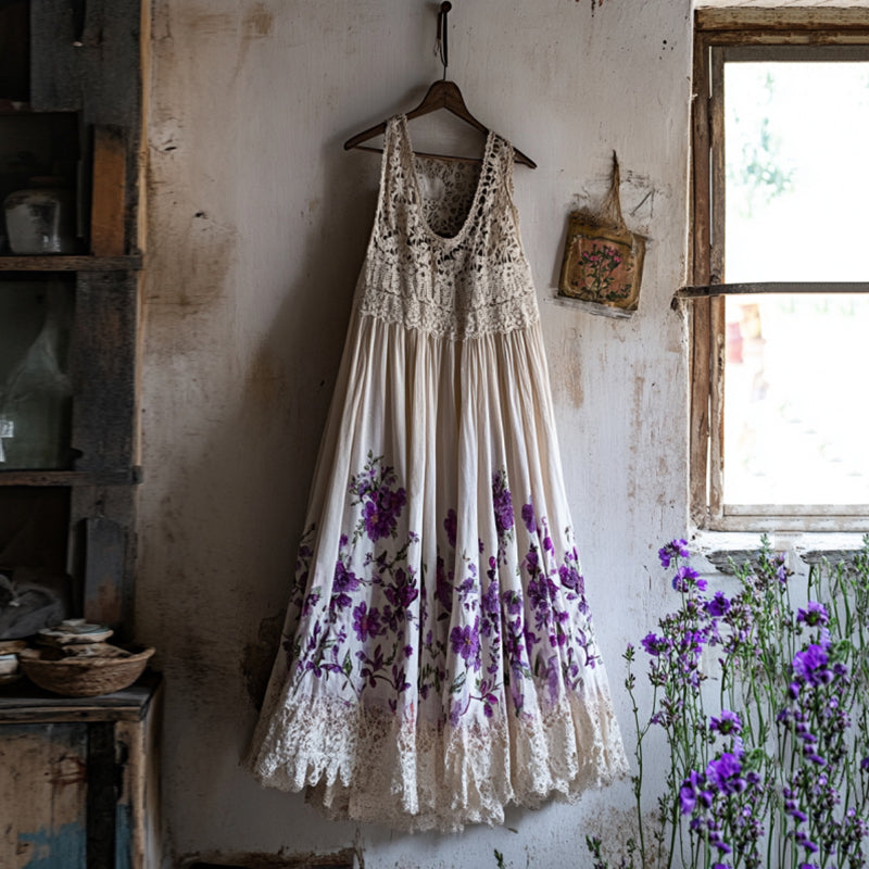 Boho Lavender Embroidered Lace Linen Dress