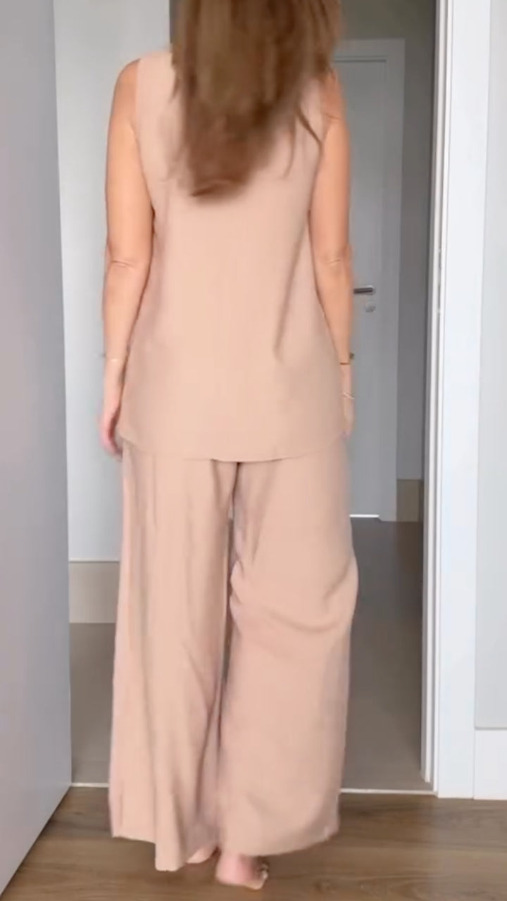 Nude Sleeveless Cutout Top Wide Leg Pants Set