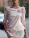 3D Floral Draped Chiffon Asymmetric Top