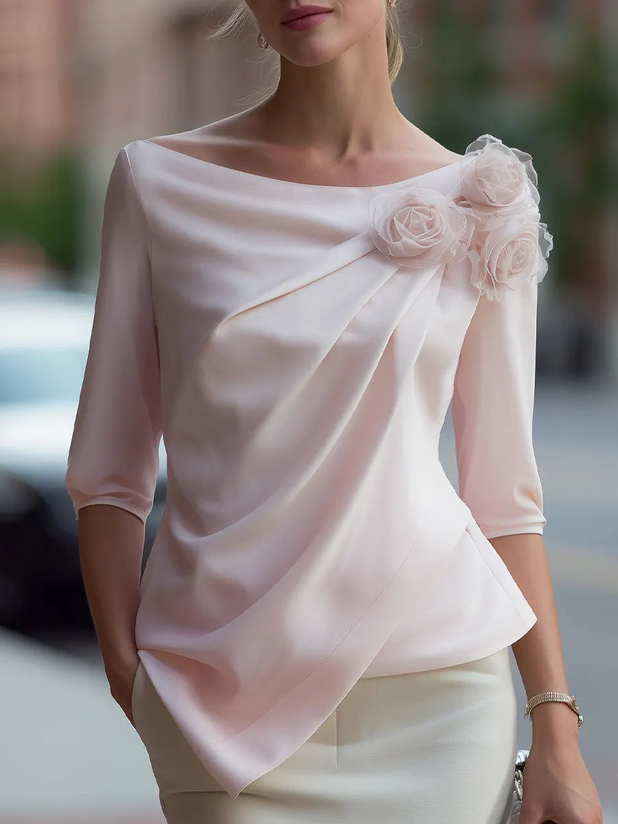 3D Floral Draped Chiffon Asymmetric Top