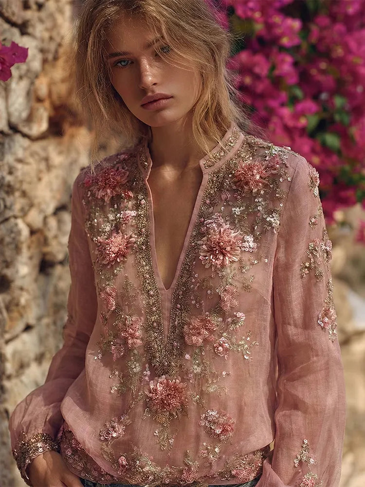 Vintage Boho Pink Roses Embroidered Flowy Linen Shirts