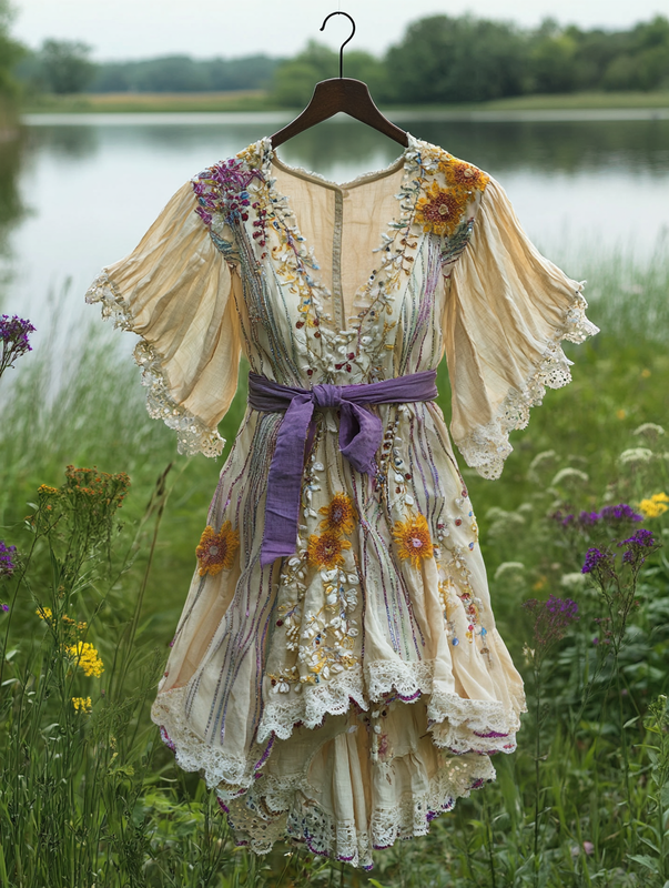 Summer Vacation Ruffle Lace Contrast Color Dress 72d1