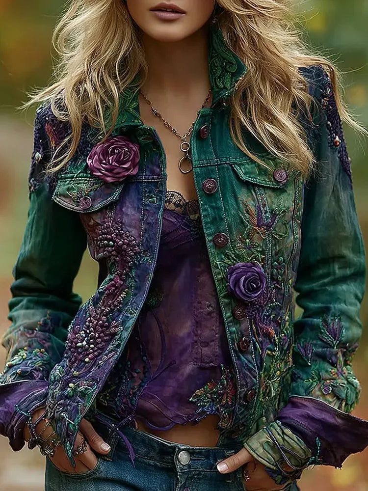 Women's Purple Rose Embroidery Pattern Dyed Washed Denim Jacket