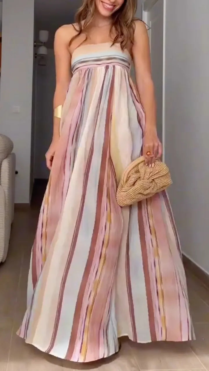 Pastel Watercolor Stripe Strapless Maxi Dress