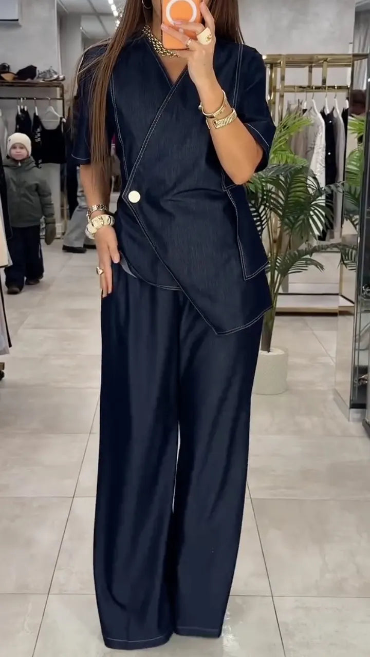 Dark Blue Denim Crossover Short Sleeve & Wide-Leg Pants Set