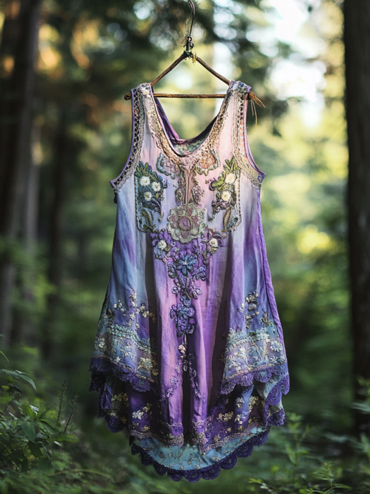 Boho Lavender Gradient Lace Art Linen Sleeveless Tank Top