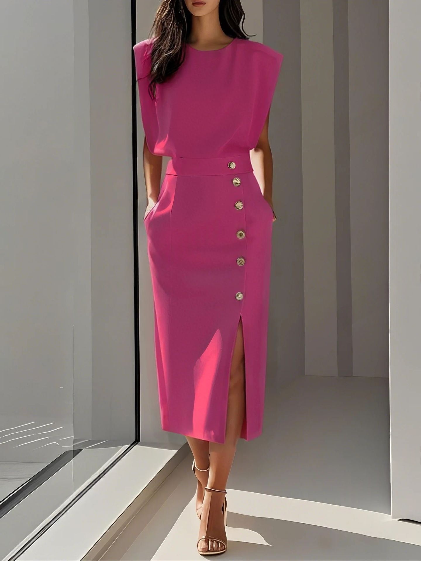 Women's Elegant High-Waist Sleeveless Maxi Dress - Professional Side Button Slit Work Dress - Quiet Luxury Chic Mid-Calf Dress