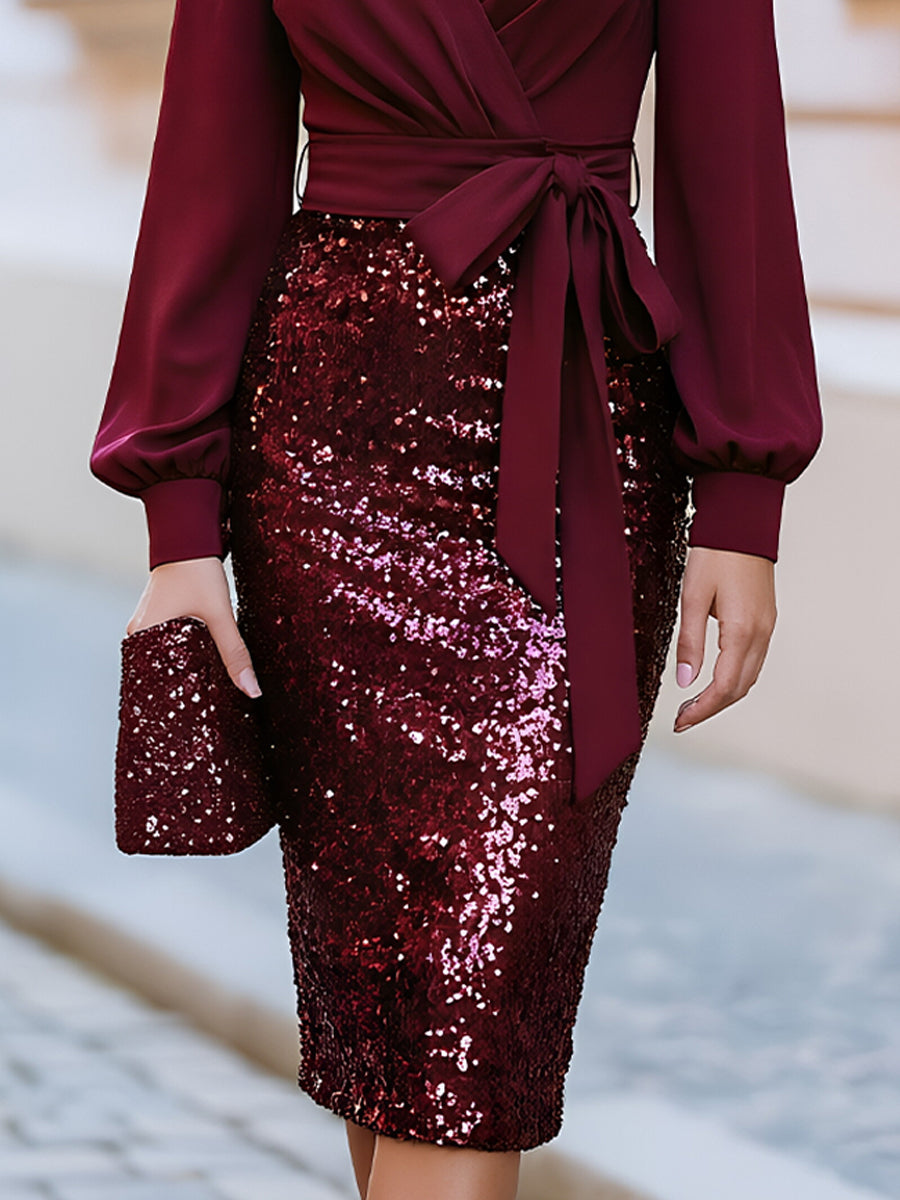 V-Neck Wrap Tie Waist Chiffon Long Sleeve Sequin Midi Pencil  Dress