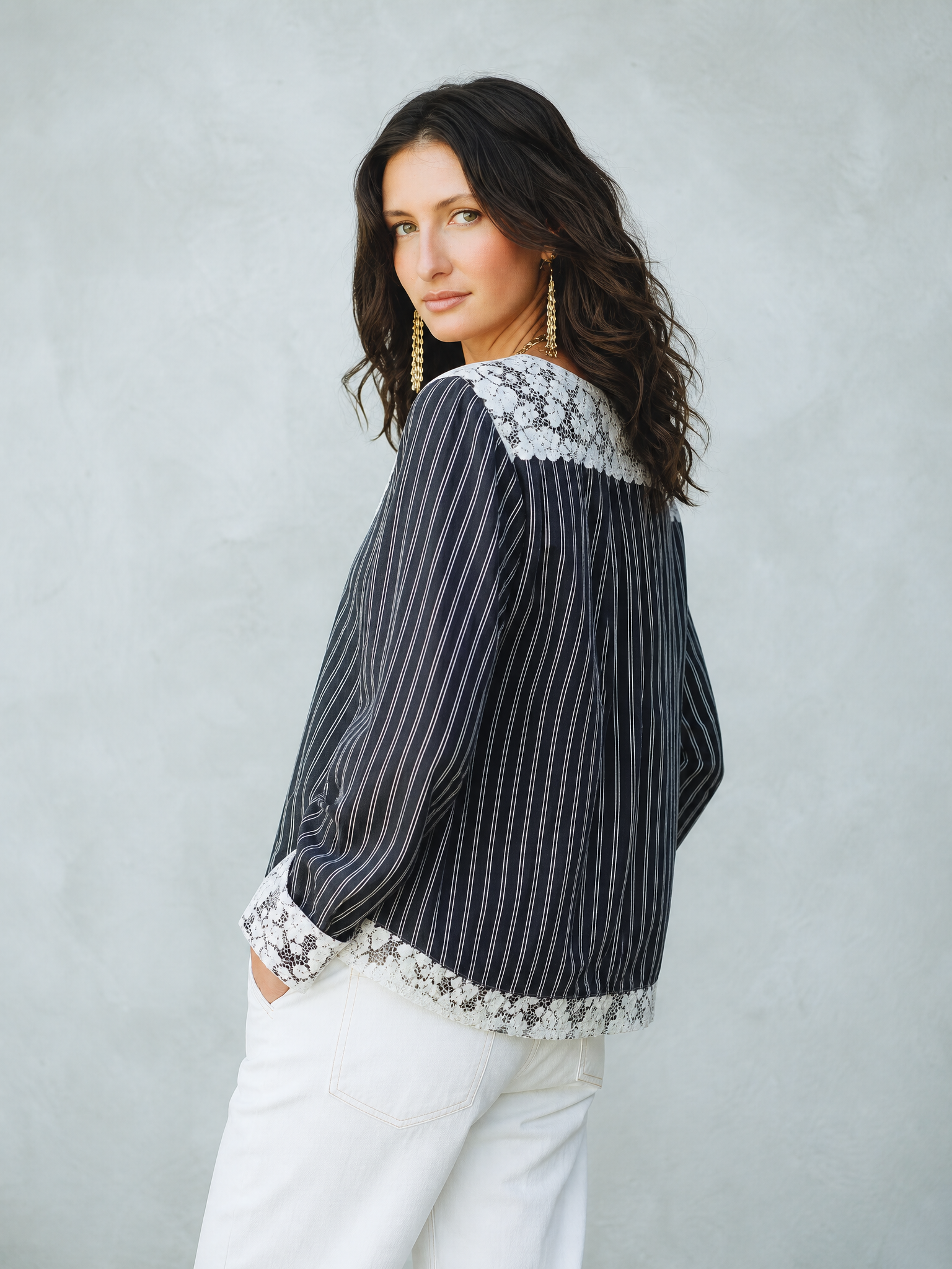 Elegant Black Lace Trim Striped Blouse