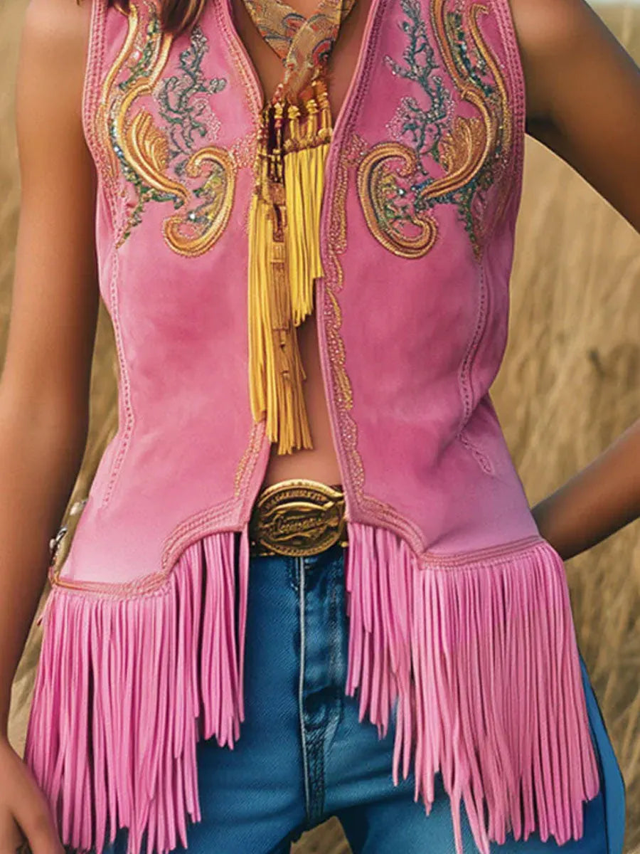 [24-hour shipping out]Casual Loose Vintage Gold Embroidery Pink Suede Tassel Vest