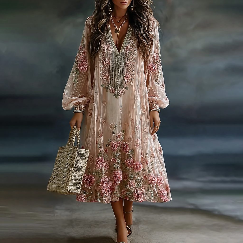Women's Retro Floral Art Flowy Linen Blend Casual Long Sleeve Maxi Dress