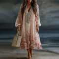 Women's Retro Floral Art Flowy Linen Blend Casual Long Sleeve Maxi Dress