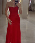 Red Strapless Sweetheart Evening Maxi Dress - Side Ruched Mesh Mermaid Formal Gown