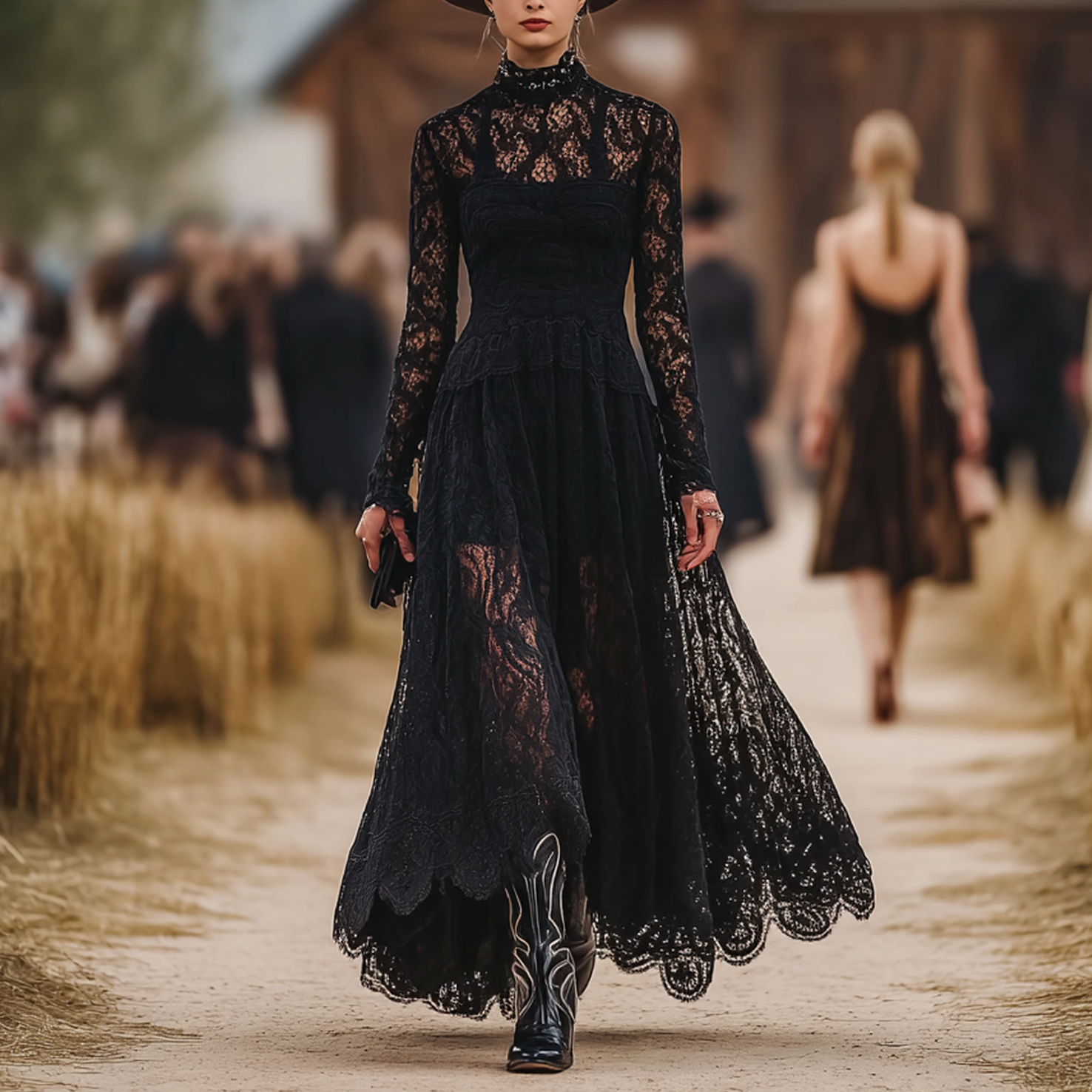 Women's Vintage Elegant Black Lace And Velvet Maxi Dress