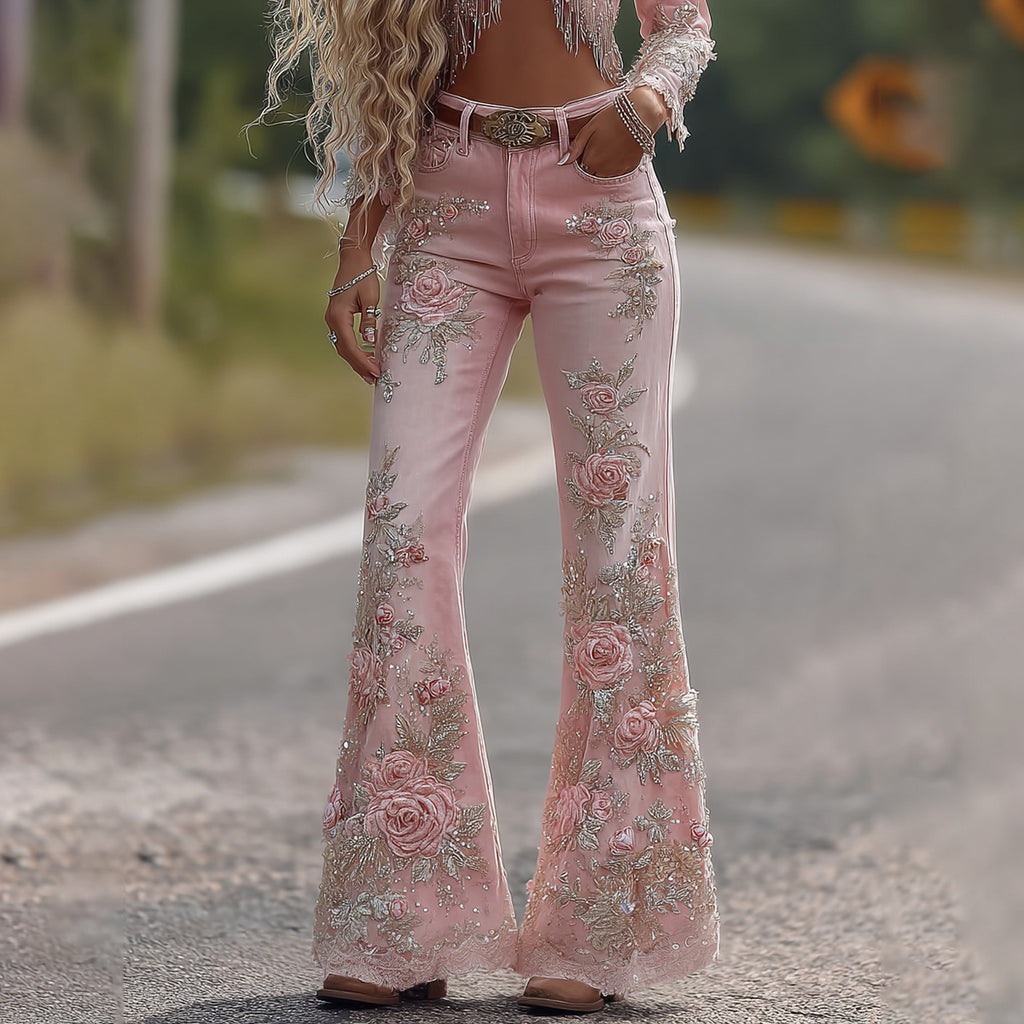 Women's Vintage Rose Floral Embroidery Art Loose Jeans