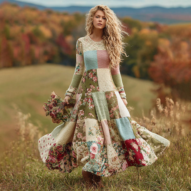 Women's Vintage Floral Patchwork Art Cozy Knit Maxi Sweater Dress