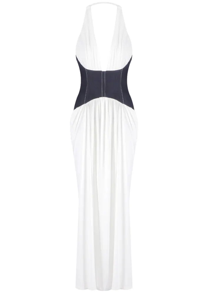 Halter Corset Draped Maxi Dress White