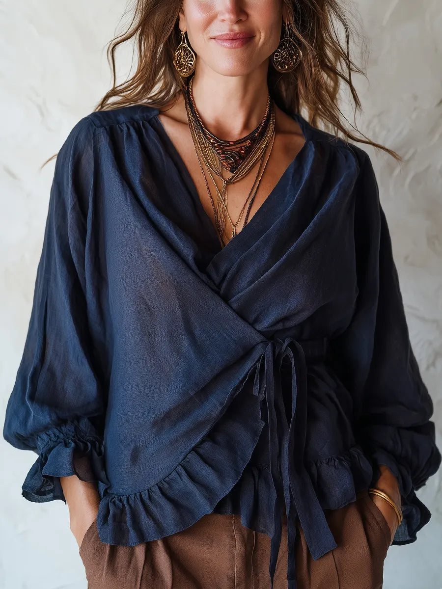 Bohemian Midnight Blue Cotton Linen Ruffle Shirt