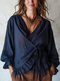 Bohemian Midnight Blue Cotton Linen Ruffle Shirt
