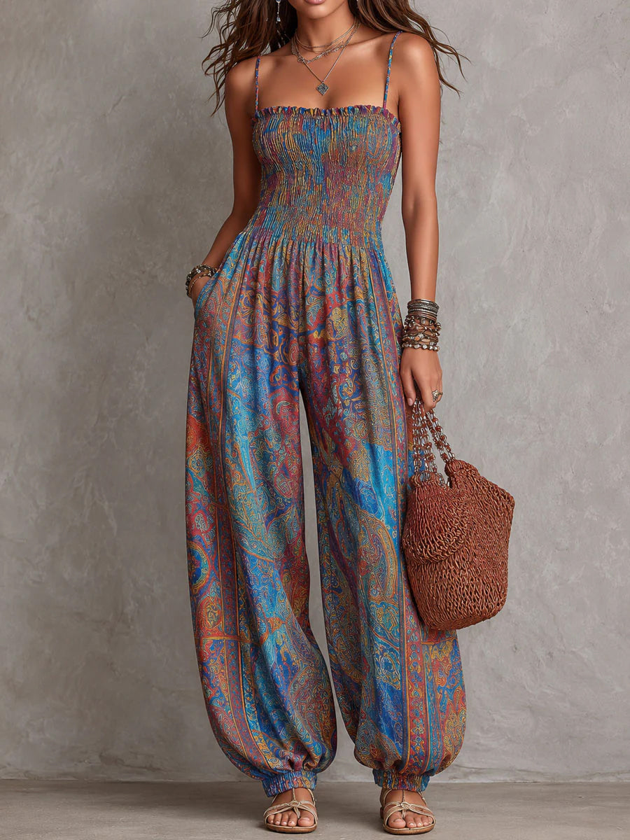 Retro Bohemian Paisley-print Linen And Cotton Strappy Jumpsuit