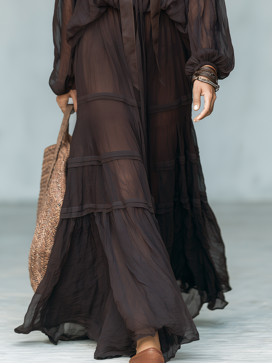 Elegant Espresso Sheer Tie-Neck Maxi Dress