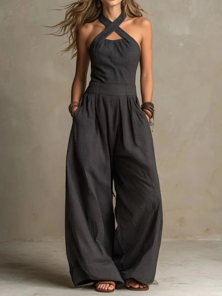 Women's Cross-neck Halter Design Cotton-linen Jumpsuit