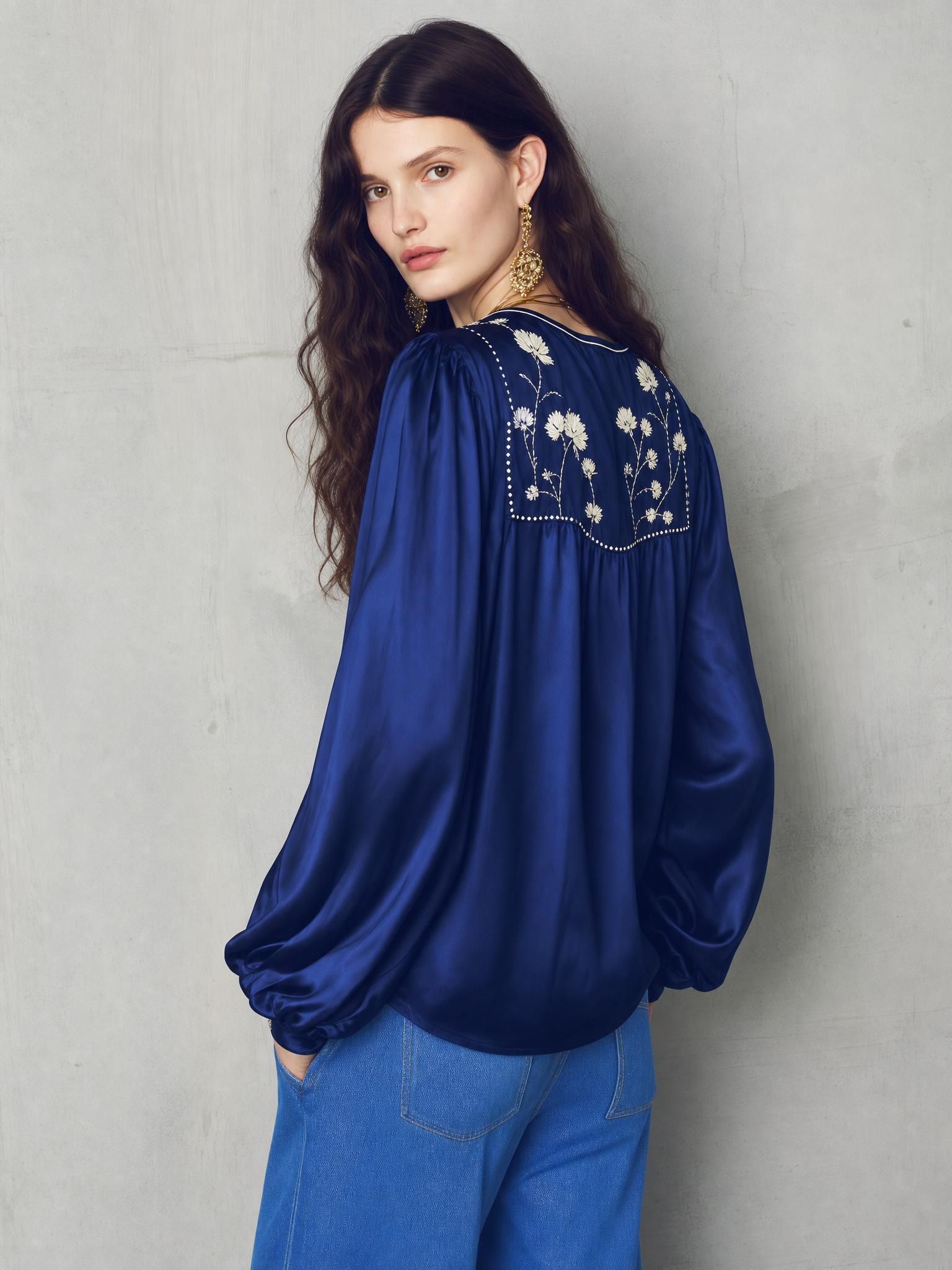 Refined Royal Blue Floral Embroidered Blouse