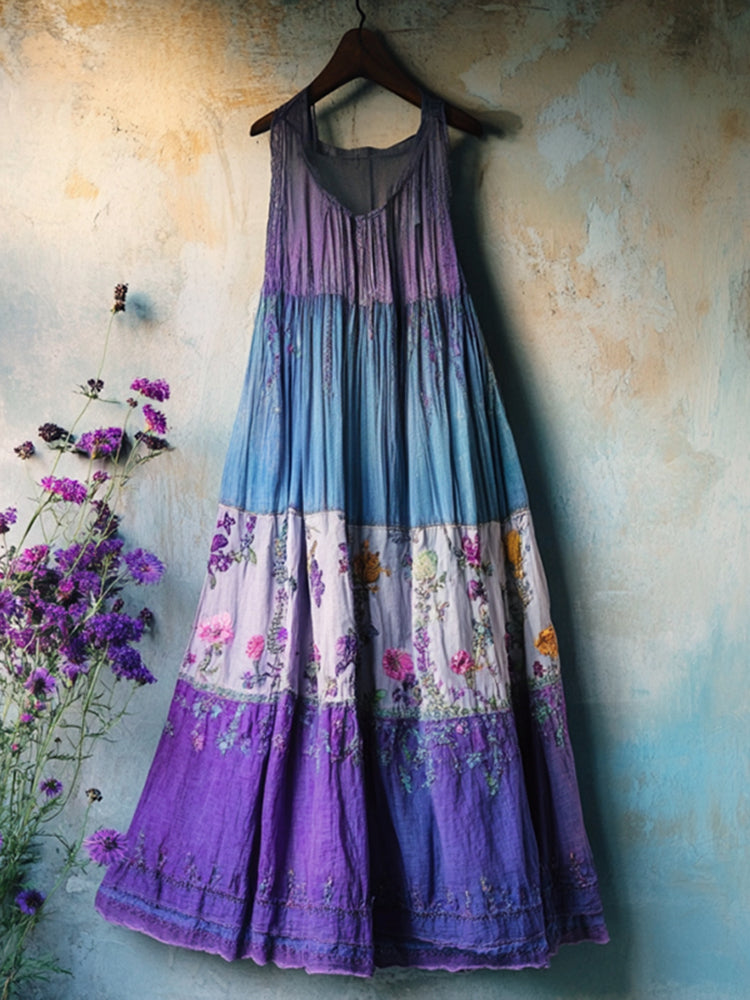 Vintage Bohemian Lavender Embroidery Patchwork Art Sleeveless  Cozy Linen Maxi Dress