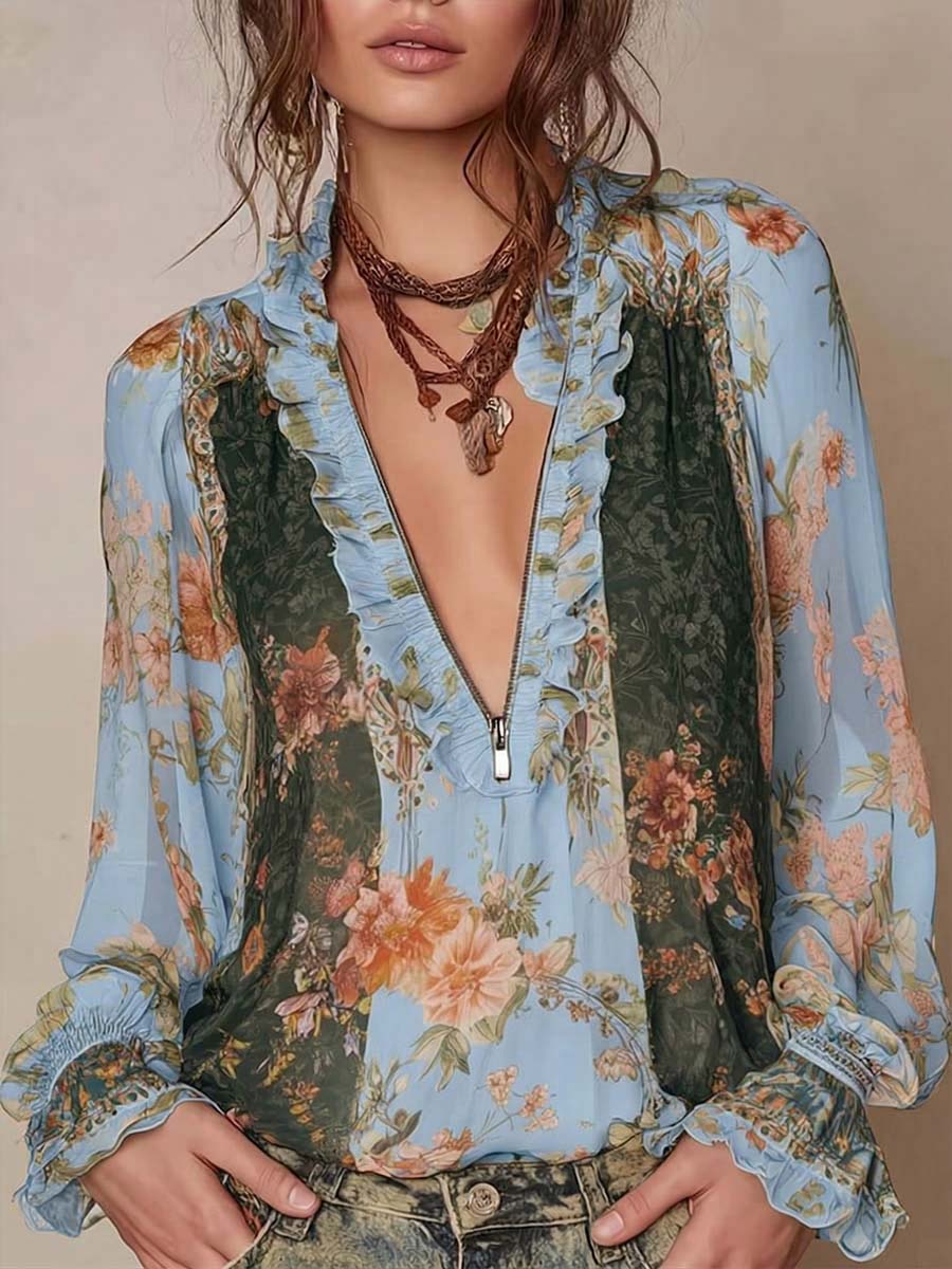 Women's Vintage-print V-neck Long-sleeve Casual Loose Chiffon Top