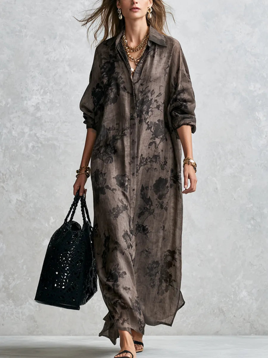Bohemian Gray Floral Shirt Dress