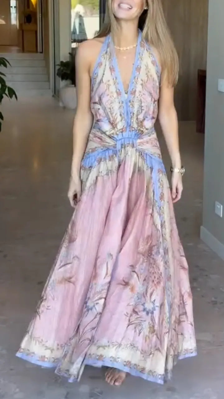 Floral Print Halter V Neck Gathered Waist Maxi Dress