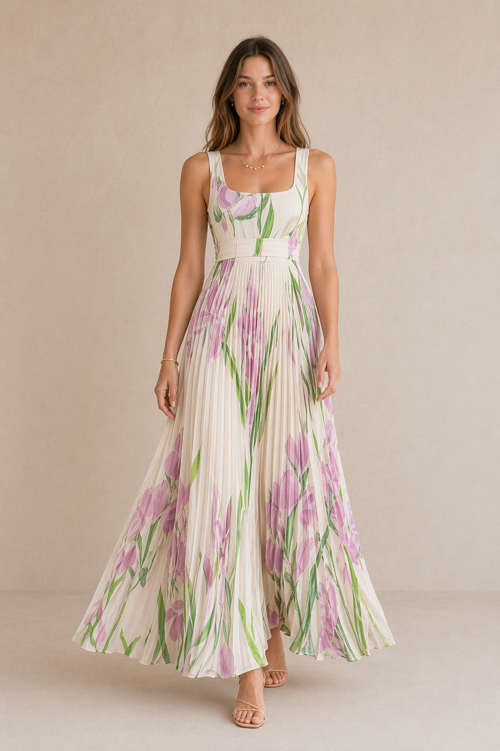 Floral Pleated Square-Neck Maxi Dress