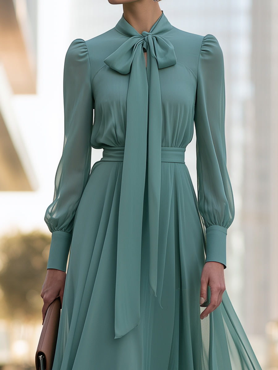 Chiffon Bow-Neck Long-Sleeve Maxi Dress