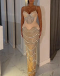 Spaghetti Strap Sweetheart Peplum Rhinestone Sheer Mermaid Evening Gown, Nude Tone Wave Beaded Formal Maxi Dress