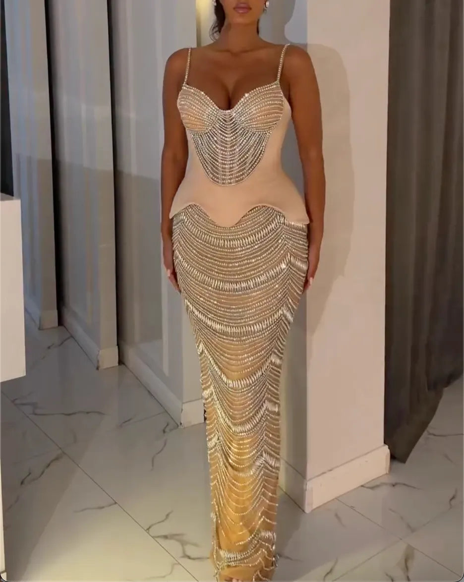 Spaghetti Strap Sweetheart Peplum Rhinestone Sheer Mermaid Evening Gown, Nude Tone Wave Beaded Formal Maxi Dress