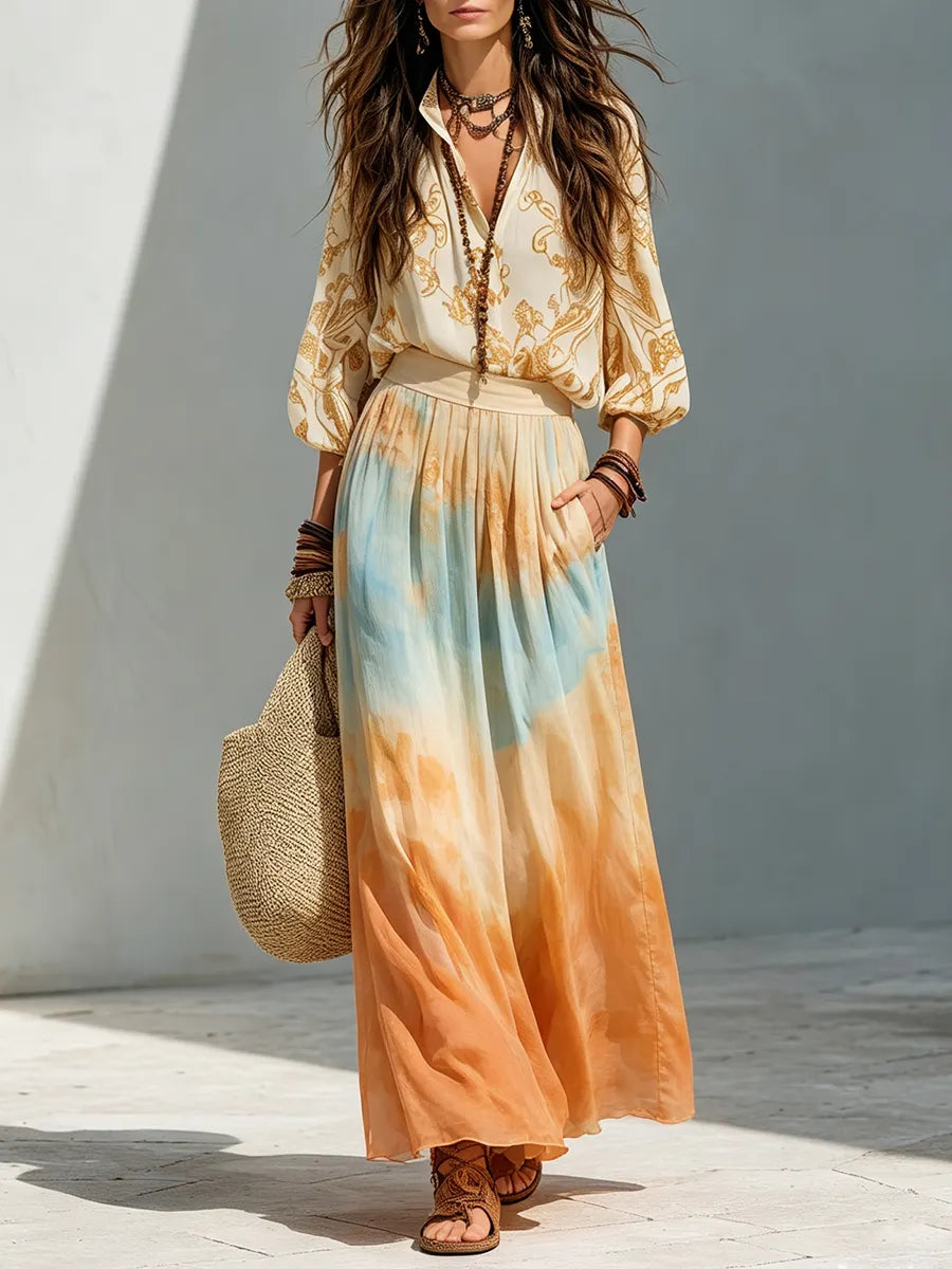 Boho Balloon Sleeve Shirt And Watercolor Maxi Skirt Outfit