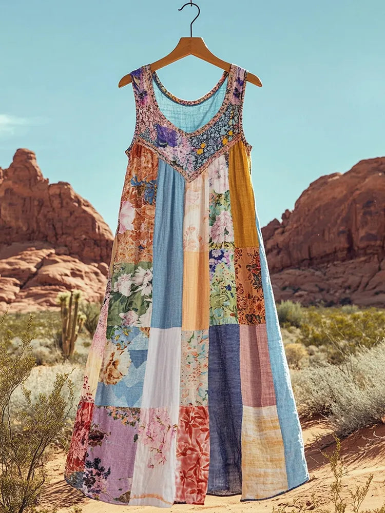 Women's Retro Geometric Floral Linen Tank Dress 9d8c