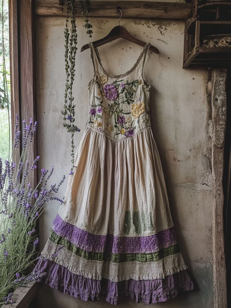 Vintage Tribal Embroidered Violet Floral Art Linen Maxi Dress