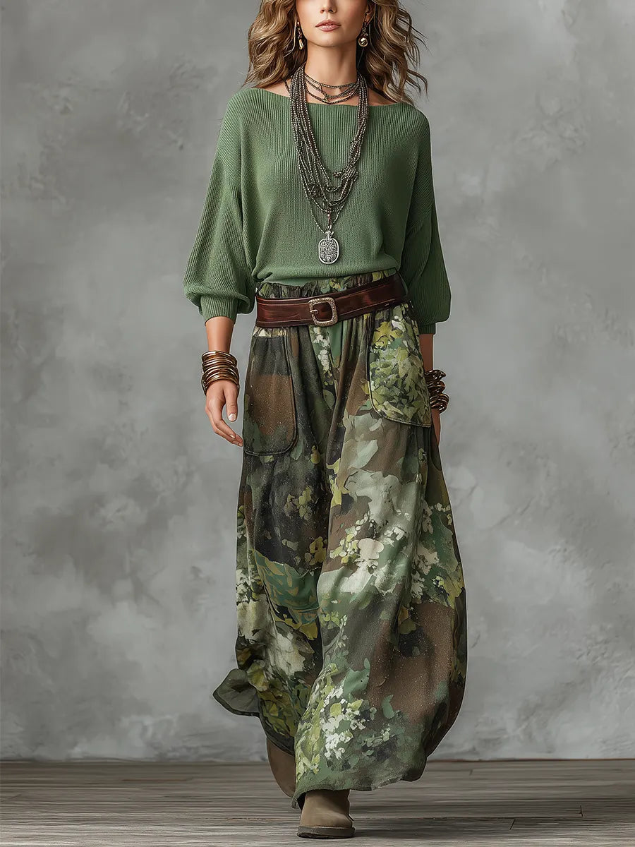 Olive Green Batwing Sleeve Knit Top And Skirt Set