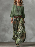 Olive Green Batwing Sleeve Knit Top And Skirt Set
