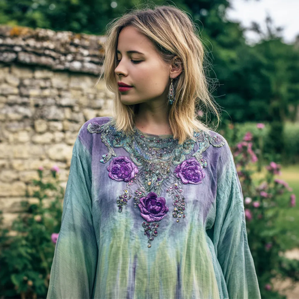 Vintage Floral Boho Style Tie-dye Women's Linen Long Sleeve Shirt